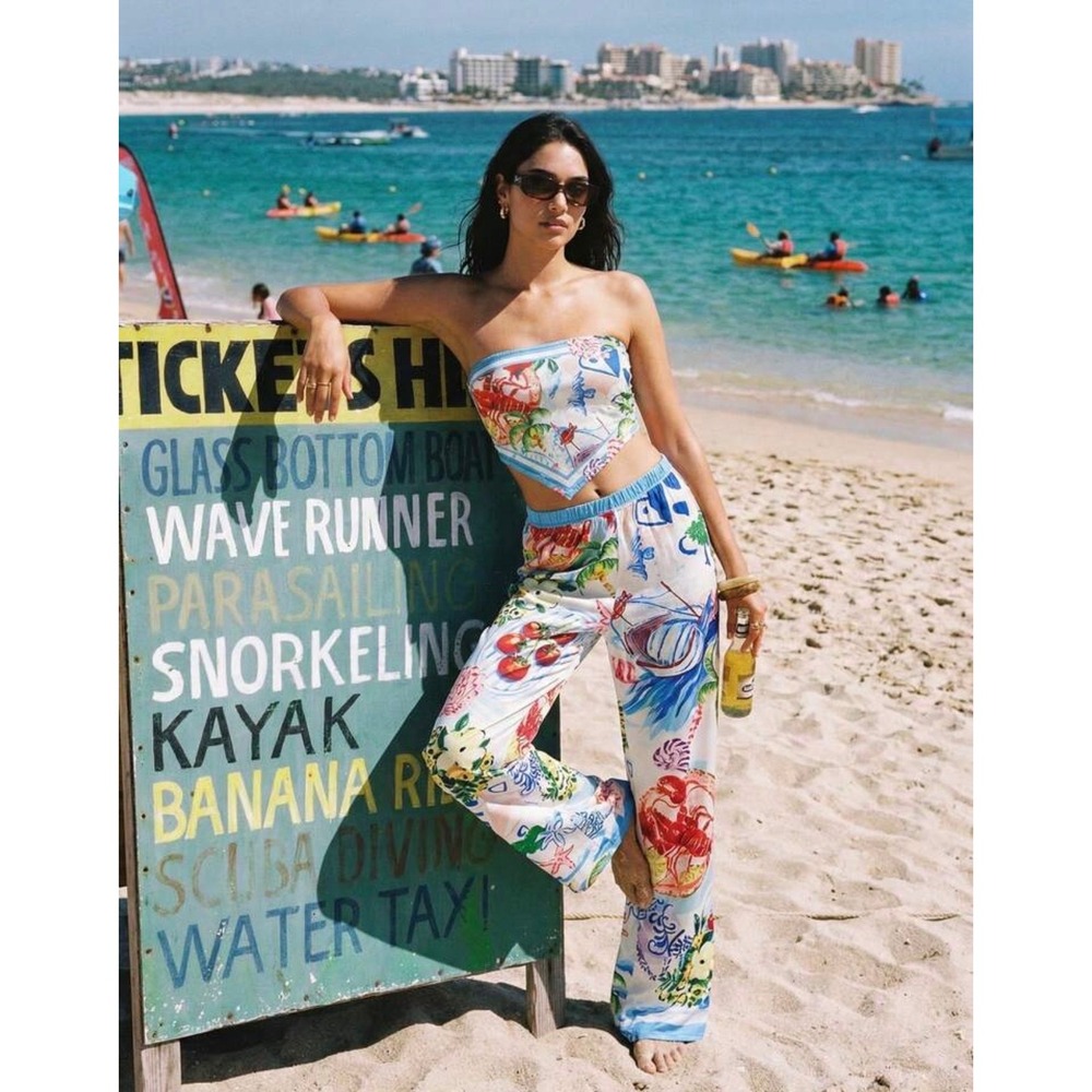 Coastal Mediterranean Print 2 Piece Set Bandeau Scarf Top Wide Leg Pants Small